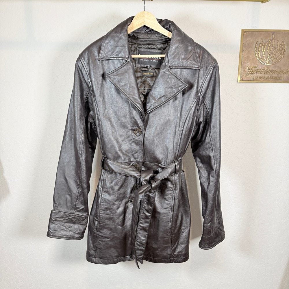 Wilsons Leather Trench Coat Brown Belted Thinsulate Insulated Jacket Womens L